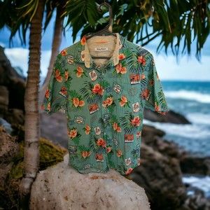 Tommy Bahama Hawaiian Shirt Floral Post Stamp All Over Print Sz Medium Crinkle